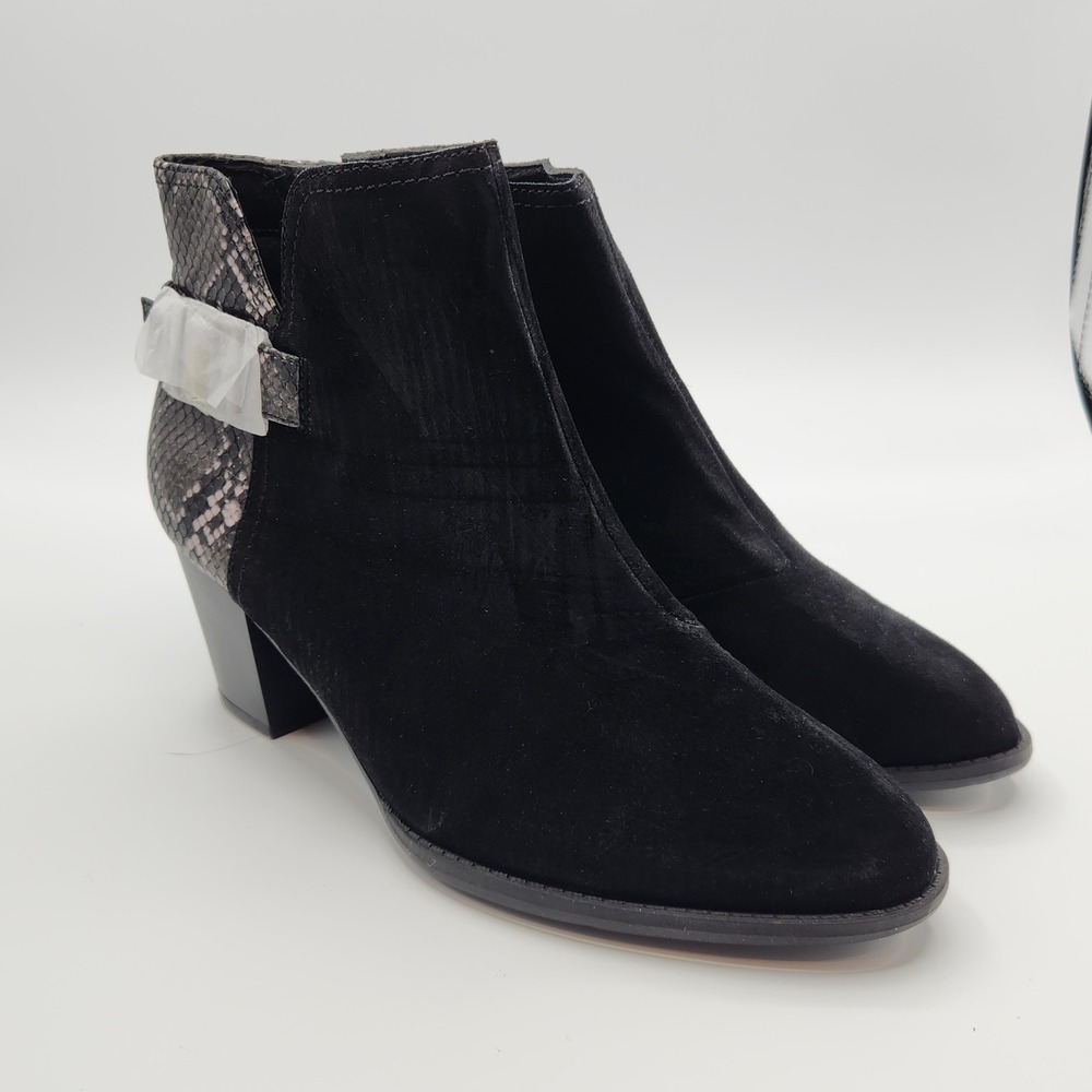 Vionic Naomi Ankle Boots Womens 9.5 Wide Black Suede Snake Print Block Heel